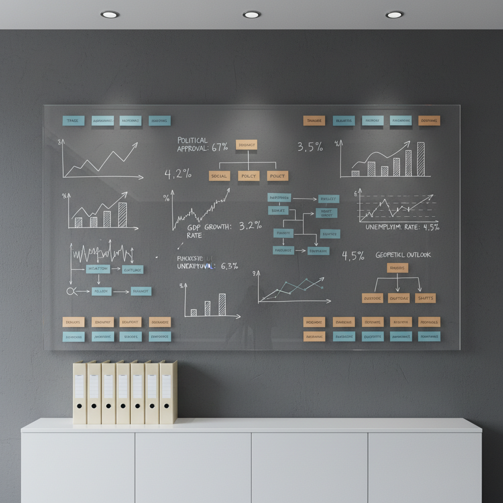 A large, frameless transparent glass board mounted on a matte charcoal wall, covered with neatly drawn white graphs, flowcharts, and percentages representing political and economic data. Color-coded sticky notes in muted blues and oranges are precisely aligned along the edges, suggesting structured debate topics. Below, a sleek white cabinet holds an organized row of closed folders with subtle labels. Overhead, cool diffused office lighting creates soft reflections on the glass surface without glare, emphasizing clarity and order. Shot from eye level with sharp focus throughout, the composition uses the rule of thirds, conveying a mood of rigorous, unbiased analysis. The photographic realism and clean, modern aesthetic reinforce the idea of methodical, evidence-based commentary on current affairs.